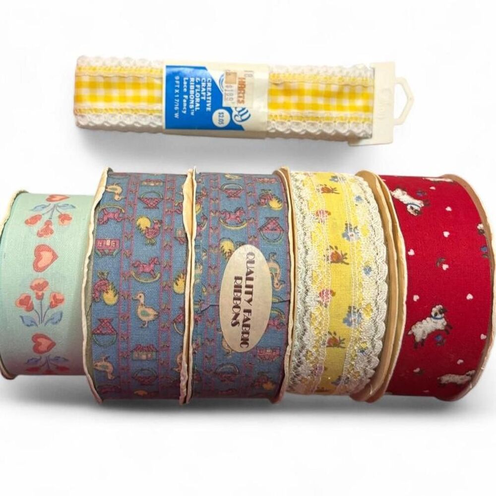 Vintage Craft Ribbon Lot – 5 Spools & 1 Flat Wrap Retro Sewing Supplies